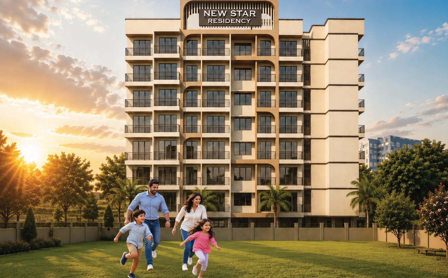 Family in the landscaped garden at New Star Residency